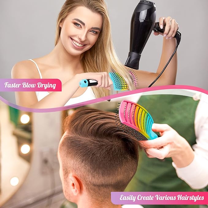 Curved Vented Paddle Brush - Faster Blow Drying, Detangling for Women & Men, Professional Styling for Wet, Curly, Thick or Straight Hair (colourful)
