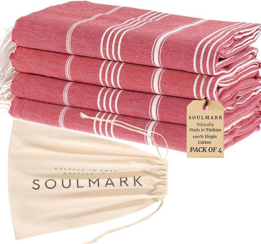 SOULMARK 100% Cotton Turkish Beach Towel with Bag - 38"x71" - 4 Pack - Made in Green & Oeko TEX Certified - Pre-Washed and Sand Free - Quick Dry and Lightweight for Travel - Made in Turkey - Red