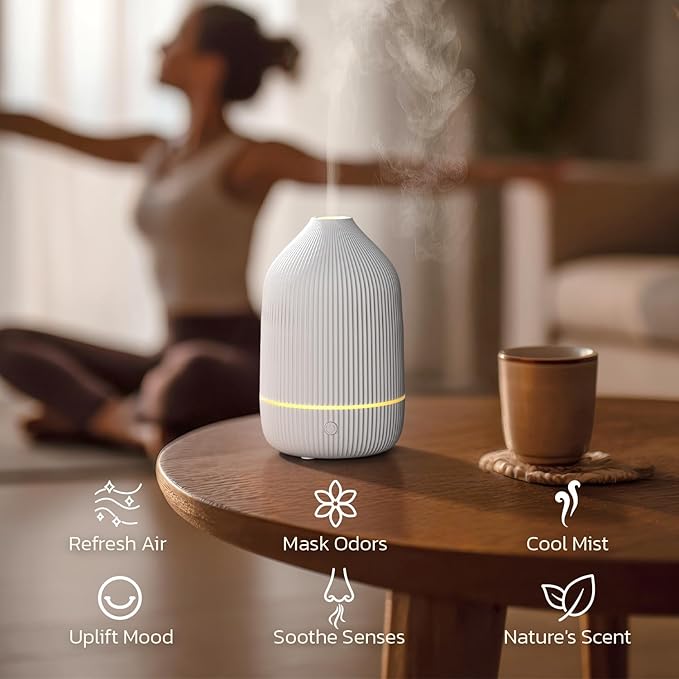 Essential Oil Diffuser, 100ml Aromatherapy Diffuser, Mini Ultrasonic Diffuser for Essential Oil, Home, Office, Cool Mist Humidifier with 7 Led Light, Auto Shut-Off, White