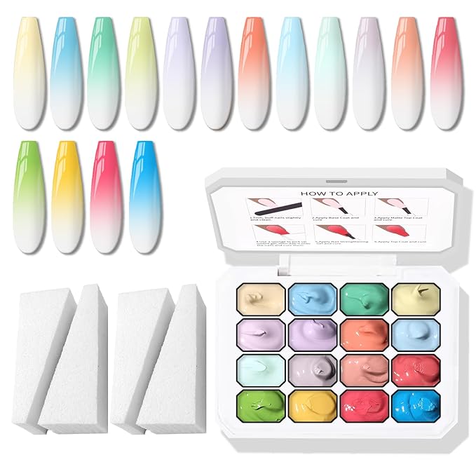 Sponge Pat Paint Nail Gel, Ombre Nails Gradient Gel Nail Blush Blooming Aura Nails Drawing Stripper Floral Painting DIY Nail Art, No Wipe, UV/LED Curing (16 Colors G)