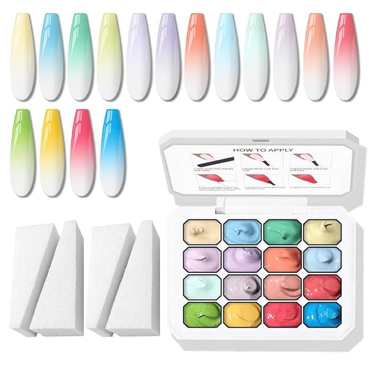 Sponge Pat Paint Nail Gel, Ombre Nails Gradient Gel Nail Blush Blooming Aura Nails Drawing Stripper Floral Painting DIY Nail Art, No Wipe, UV/LED Curing (16 Colors G)