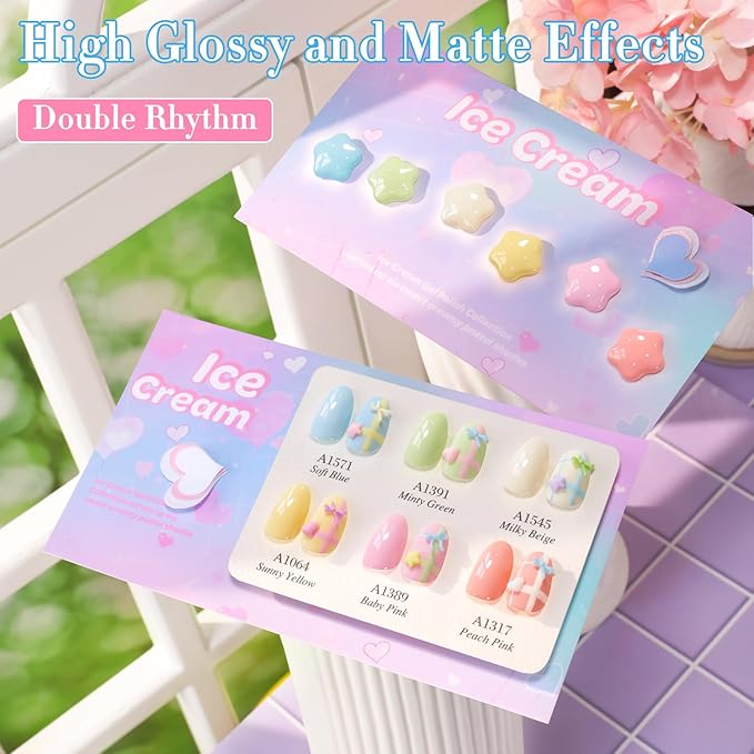 Double Rhythm 6 Pcs 15 ML Gel Polish Set Same Color Same Bottle Soak Off Gel Polish Kit Nail Art Manicure Salon DIY at Home for Women (Blue Green Beige Yellow Pink Orange-T6-9)
