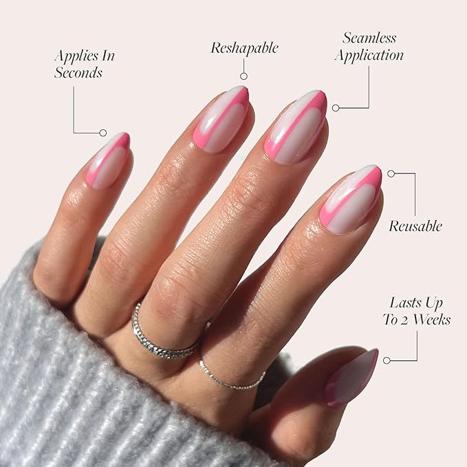 Glamnetic Press On Nails - Better Half | Glossy, Semi-Transparent Short Almond Nails with Pink Accents, Salon Quality | 15 Sizes - 30 Nail Kit with Glue
