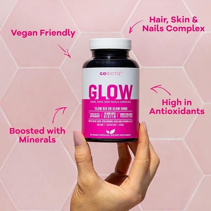 GOBIOTIX Hair Skin and Nails Vitamin Supplement - 10000mcg Biotin Pills with Hyaluronic Acid, Folate, Iron, Magnesium, and Zinc - Collagen Production, Hair Growth - 60 Servings