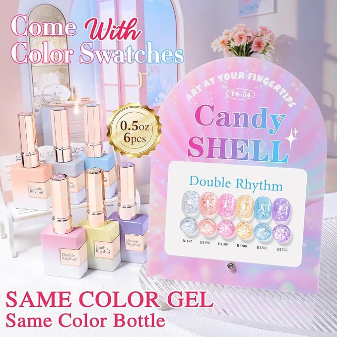 Double Rhythm 0.5 Oz Glitter Gel Polish Set of 6 Color with Display Borad 15 ml Full Size Kit Shimmer Reflective Sparkle Soak Off Manicure Salon DIY at Home (Silver Pink Yellow-T6-54)