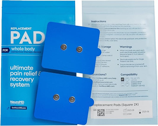 NeuroMD 2-Pack Square Replacement TENS Unit Electrode Pads for Wireless Muscle Stimulator & Pain Relief - Reusable 30 Times | Snap-On Connector | Compatible with Whole Body Corrective Therapy Device