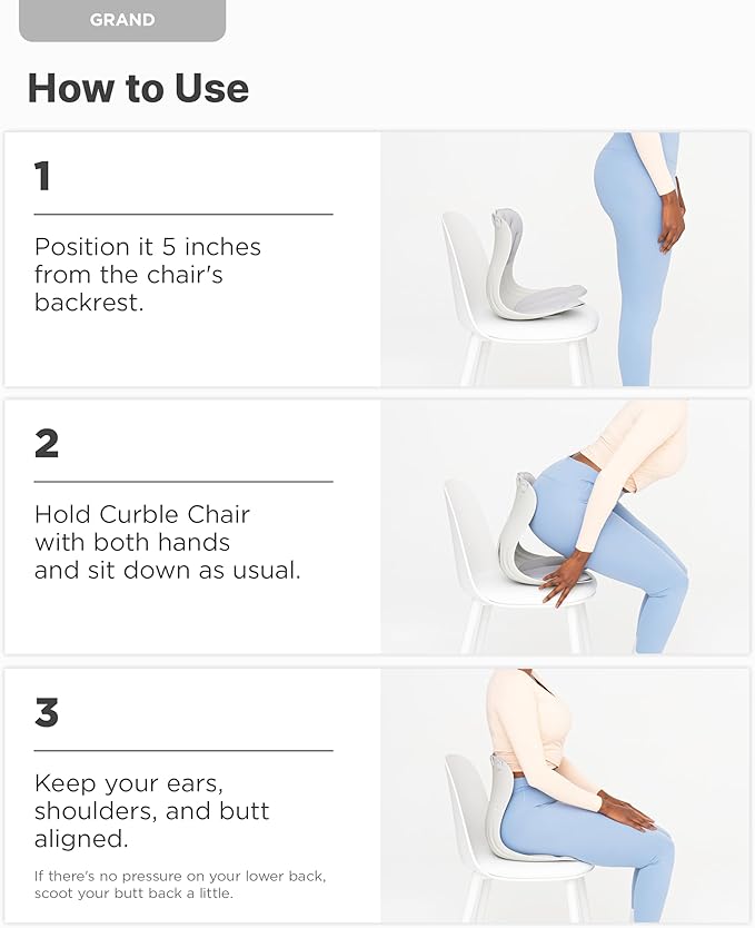 Curble GRAND(Extra Wide & Sturdy) 2PACK – Ergonomic Chair Back Support, Lumbar Support for Posture Correction, Back Pain Relief, Perfect for Office Chair, Floor Seat, Work from Home, Patented(2P Grey)