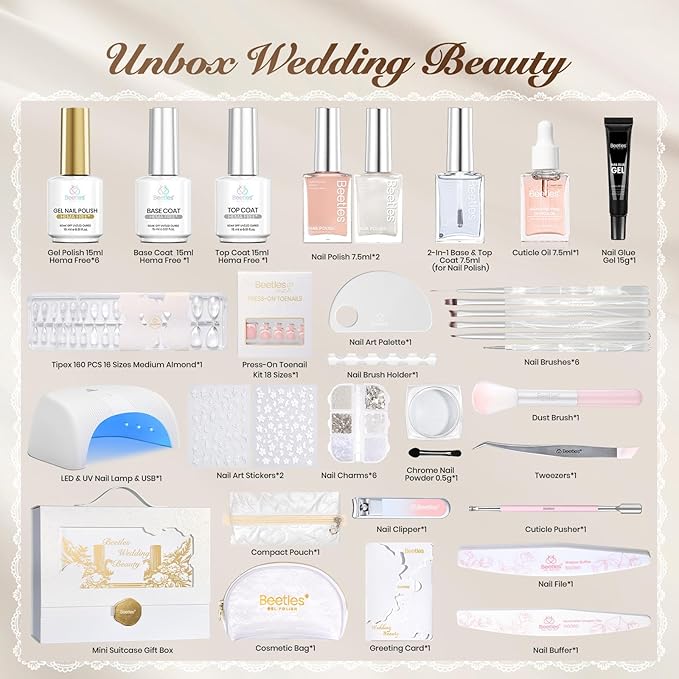 Beetles Wedding Gel Polish Kit – Wedding Beauty 6 Colors Gel Polish, Hema Free 15ml UV LED Soak Off Manicure with Base Coat Top Coat All in an Elegant Gift Box Nail Set for Bride
