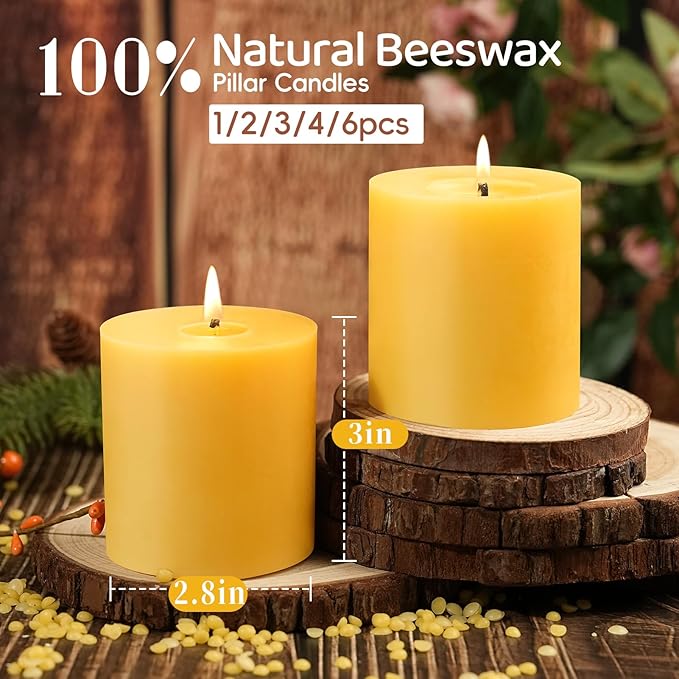4 Pack 100% Pure Beeswax Candles,180 Hours Long Burning-Natural Beeswax Pillar Candles for Emergency,Unscented Bees Wax Candles for Home,Paryer,Parties,Pillar Candle Bulk 2.8x3in
