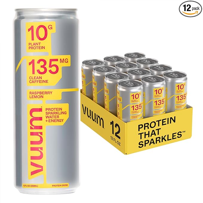 VUUM Sparkling Clear Protein Drink - 10g Plant Protein, Natural Pre Workout Energy Drink, Plant Based, Natural Caffeine, Sugar-Free Protein Drink - Raspberry Lemon, 12 Fl Oz (12 Pack)