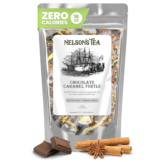 Nelson's Tea - Chocolate Caramel Turtle Loose Leaf Tea - Blend of Red Rooibos, Cinnamon Chips, Marigold Petals, Caramel Pieces, Chocolate Chips-Sweet Tea Indulgence in Every Tea Cup - 16 oz