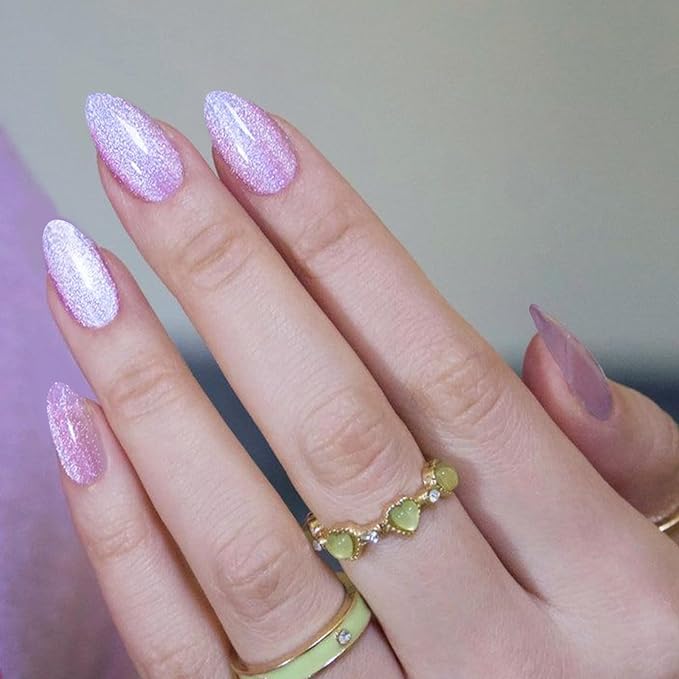 GLAMERMAID Pure Purple Magnet Cat Eyes Press on Nails Short Almond, Handmade Jelly Gel Fake Nail Kits, Ombre Glitter Magnetic Glue on Nail Stiletto，Aurora Medium Oval Stick on False Nail Set for Women
