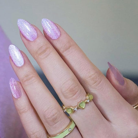 GLAMERMAID Pure Purple Magnet Cat Eyes Press on Nails Short Almond, Handmade Jelly Gel Fake Nail Kits, Ombre Glitter Magnetic Glue on Nail Stiletto，Aurora Medium Oval Stick on False Nail Set for Women