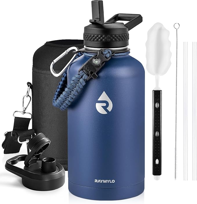 Insulated Water Bottle 64 oz, Triple Wall Vacuum Stainless Steel (Cold for 48 Hrs), Leak Proof & Non-BPA, Half Gallon Water Flask Jug with Paracord Handle & Straw Spout Lids, Navy Blue