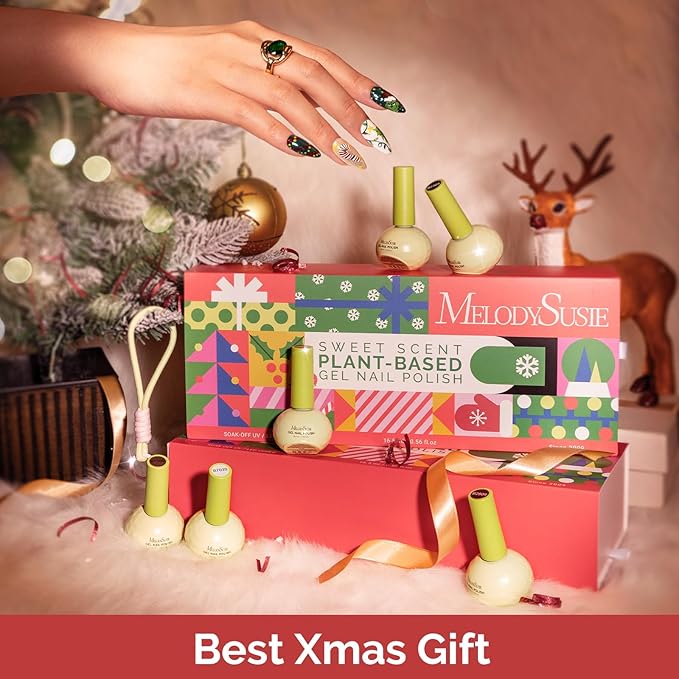 MelodySusie Highly Pigmented Gel Nail Polish Set, 0.56 fl.oz Tilt-and-Stand Bottle, HEMA Free Plant-Based, 6 Colors Christmas New Year, Soak Off UV LED Manicure Kit Gift Box(Red Glitter Gold Green)