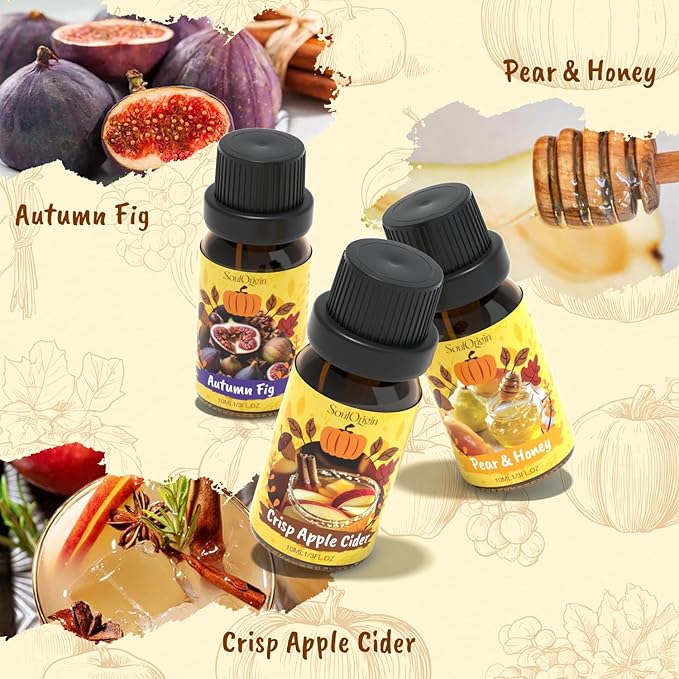 Harvest Fragrance Oils Set, Essential Oil for Diffuser, Fall Diffuser Oil, Use for Soap Candle Making-Crisp Apple cider, Pear&Honey, Golden Hayfield, Maple Grove, Harvest Pumpkin,Autumn Fig