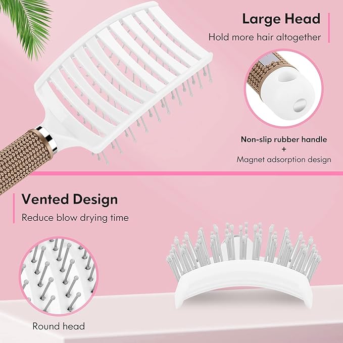 Bsisme Hair Brush, Vented Curved Styling Brush for Faster Blow Drying, Professional Detangling Brush for Women and Men, White