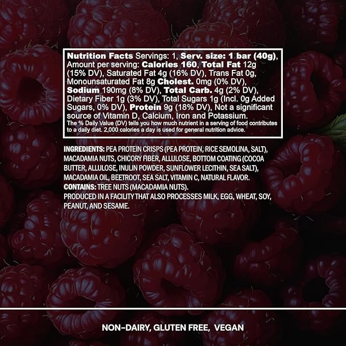 Blueprint Bryan Johnson Macadamia Nut Protein Bar - 9G Plant Protein - Healthy Fats - Supports Muscle Growth - Low Carb & Sugar - Natural Ingredients - Vegan Keto Snack (Raspberry - 12 Pack)