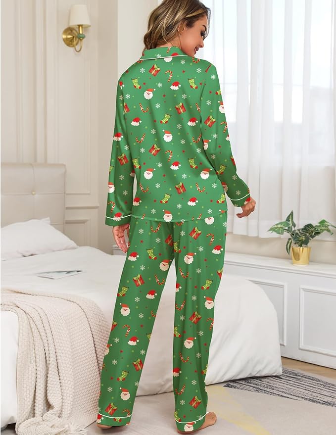 Veseacky Womens Satin Pajama Set Silk Pjs Button Down Long Sleeve Sleepwear Loungewear Sleepwear 2 Piece Pjs Set S-XXL