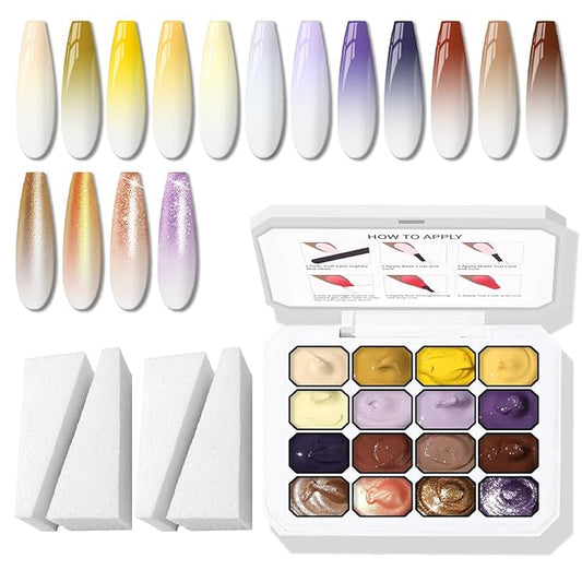 Sponges Pat Gel Nail Polish Palette, 16 Colors Blending Ombre Gel Polish Patting Gradient Painting Nails Art, No Wipe, UV/LED Cured (16 Colors D)