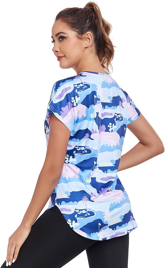 Women's Short Sleeve Workout Shirts V Neck Exercise Yoga Basic Top Quick Dry Side Split