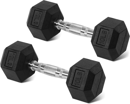 Rubber Encased Hex Weights Dumbbells Set of 5 – 50 lb Pair | Cast Iron Hand Weights with Anti-Slip Grip for Home Gym Strength Training