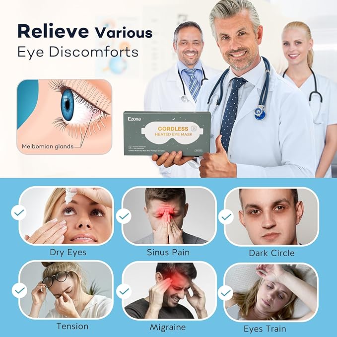 Ezona Cotton Cordless Heated Eye Mask, Warm Eye Compress Mask for Dry Eyes, Washable Eye Heating Pad for Travel, Dry Eyes, Blepharitis, Sinus Migraine (Blue)