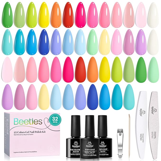 Beetles 25 Colors Gel Nail Polish Set, 32PCS Yellow Orange Gel Polish Rustic Sonata with Base Coat Glossy & Matte Top Coat White Blue Pink DIY Salon Soak Off UV Led Nails Gifts for Women