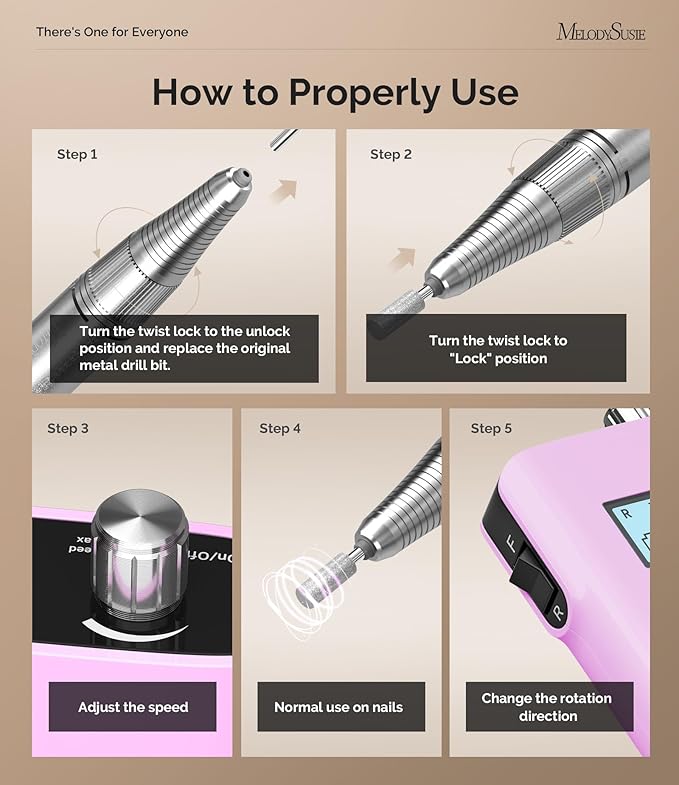 MelodySusie Professional Nail Drill, 30000 RPM Rechargeable Electric E File, SC320H Acrylic Gel Grinder Tools,Portable Nail Drill with 6 Bits Efile for Gel Nails Removing Manicure Pedicure Salon