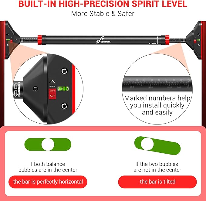 Pull Up Bar for Doorway: Sportneer Strength Training Pull-up Bars without Screw - Adjustable Width Locking Mechanism Chin Up Bar, Thickened Steel Max Limit 440 lbs Upper Body Fitness Pullup Bars for Home (Black-Red)