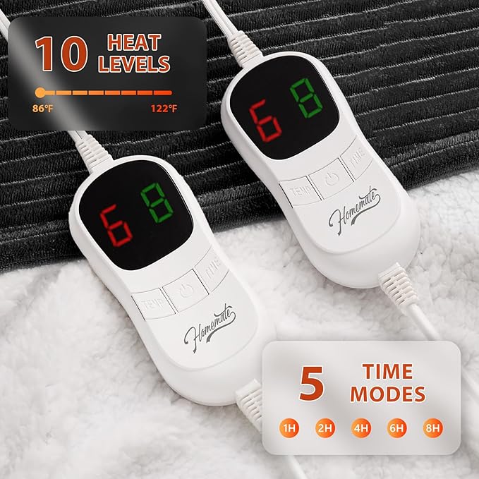 Homemate Electric Heated Blanket Queen Size - 84"x90" Heating Blanket Queen Size Dual Control 1/2/4/6/8 Hours Auto-Off 10 Heat Level Over-Heat Protection Soft Flannel Sherpa ETL Certification