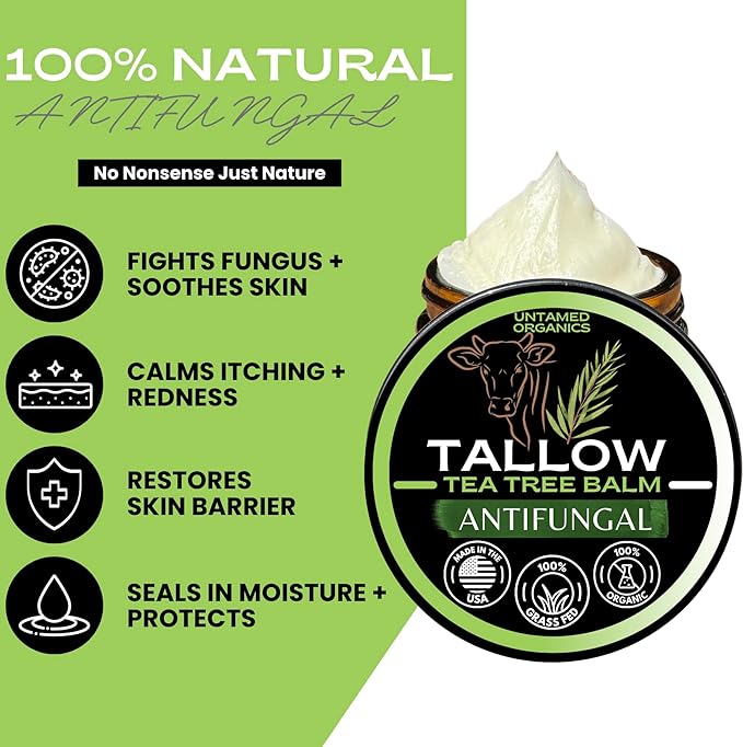 Tallow Antifungal Balm | Organic Tea Tree Oil Balm with Grass-Fed Tallow | Non-Toxic Itchy Skin Relief Balm | All Natural Remedy for Athletes Foot, Jock Itch, Ringworm | 2 FL. oz.