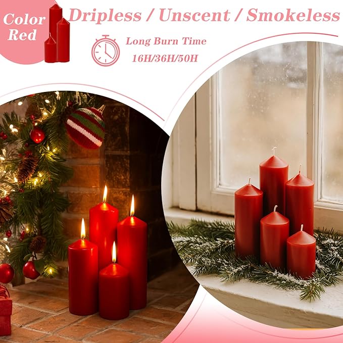 36 Pcs Red Pillar Candles Bulk Set，Hurricane Candles，3 Different Lengths (12 Each)，Dripless Unscented Smokeless，Gives You a Better Atmosphere When Organizing Wedding or Event Party.