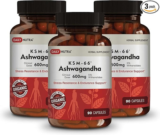 DailyNutra KSM-66 Ashwagandha 600mg Organic Root Extract - High Potency Supplement with 5% Withanolides | Supports Relaxation, Focus, & Energy (270 Capsules)