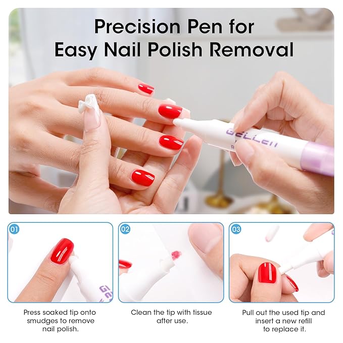 Gellen Nail Polish Remover Set with Corrector Pen, 280ml Ocean Breeze Scent Non-Acetone Nail Polish Remover, Precision Pen with 3 Refill Tips Easy Use | Rapidly Removes Natural and Glitter Nails