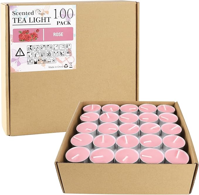 Pink Scented Tealight Candles - 100 Pack Votive Candles Bulk - Rose Fragrance Tea Light Candle Gift Set for Holiday, Wedding and Home - 4 Hour