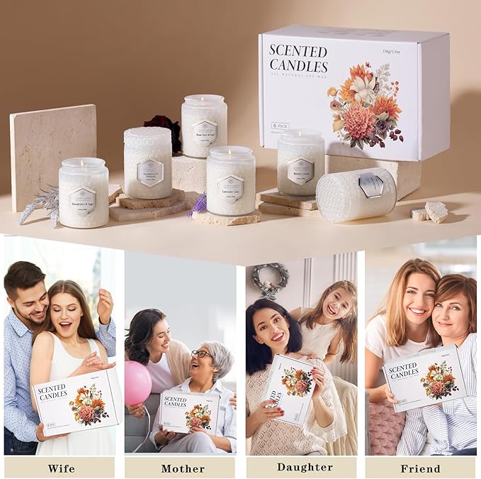6 Pack Aromatherapy Candles for Home Scented, Gifts Set for Women, Natural Soy Wax Jar, 33 oz 240 Hour Long Lasting, for Birthday, Valentine's Day, White