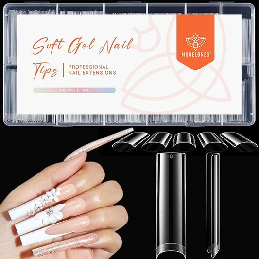 modelones Long Square Nail Tips, 2XXL Straight No C Curve Half Cover Soft Gel Tips Pre-shaped Acrylic Fake Nails False Clear Press on Extension Gel Kit Manicure DIY at Home 216PCS 12Sizes