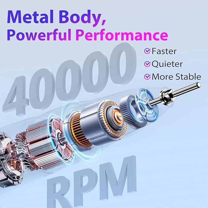 Professional Nail Drill 40,000 RPM, Rechargeable,LCD Display E File Machine for Acrylic Nails Gel Polishing Removing Portable Nails Efile Tools for Manicure Salon & Home (Silver)