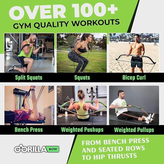 Travel Gorilla Bow Portable Home Gym System, Strength Training Equipment 100 Plus Quality Workouts, All in One Exercise Equipment for Travel, Home Gym & Outdoor Workouts