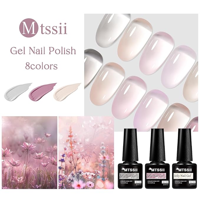 MTSSII 8 Colors Jelly Gel Nail Polish Set, Transparent Nude Pink Black Grey Sheer Nail Polish, UV Gel for Nail Manicure DIY Art Salon Home