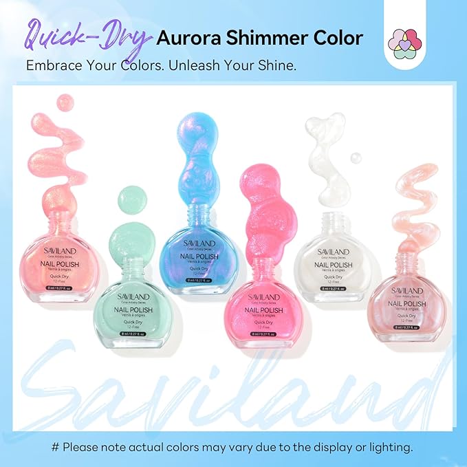 SAVILAND Pearlescent Nail Polish Set: Quick Dry Mermaid Nail Polish 6-Color Pearl Pink Blue White Nail Lacquer Polish Kit 12-Free with Castor Oil Aurora Nail Art DIY Manicure Women Christmas Gift