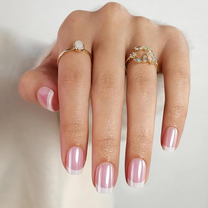 Chrome White French Tip Press on Nails Short - Soft Gel Square Press on Nails for Women Gift, Glossy Glue on Nails in 16 Sizes - 32 Reusable Fake Nails Kit with Glue, Aurora French