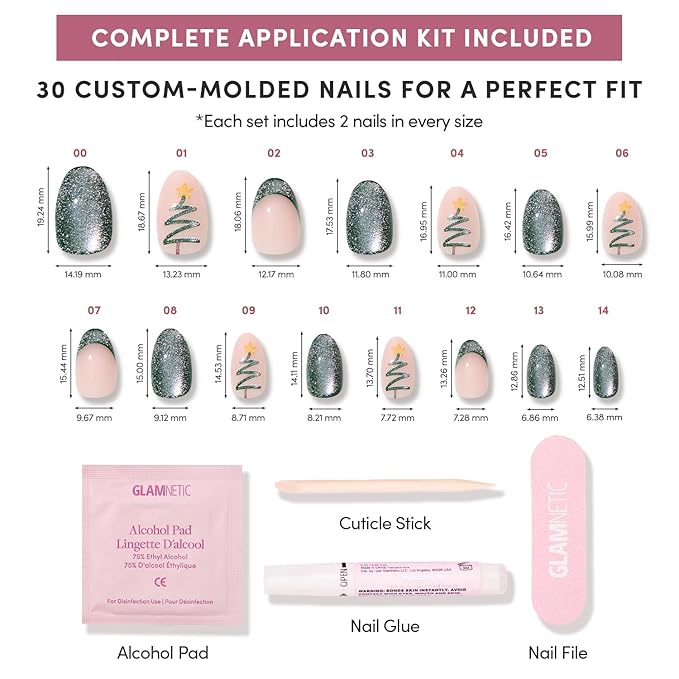 Glamnetic Press On Nails - Velvet Pine | Short Oval Fake Nails in Deep Green with French Tips, Tree Designs and a Velvet Finish, Salon Quality Holiday Nails | 15 Sizes - 30 Nail Kit with Glue