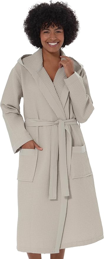 SEYANTE Women’s Luxury Waffle Shawl Collar, Hooded Robe w Piping – Lightweight, Long, Ultra Soft Spa Sleepwear Bathrobe