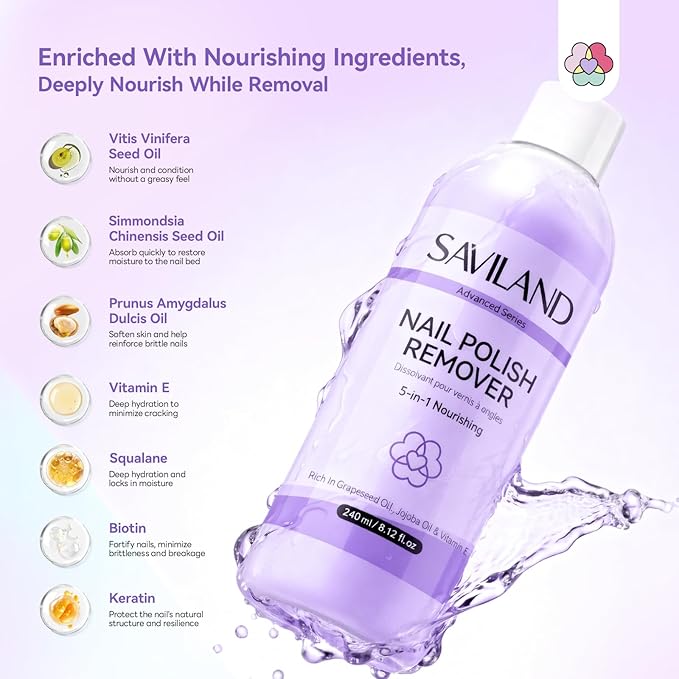 SAVILAND Advanced 5-in-1 Acetone Nail Polish Remover: Soak off Gel Polish Remover Quick and Nourishing Removal Acrylic Nail Glue Dip Powder with Essential Oils for Home Salon 240 ml