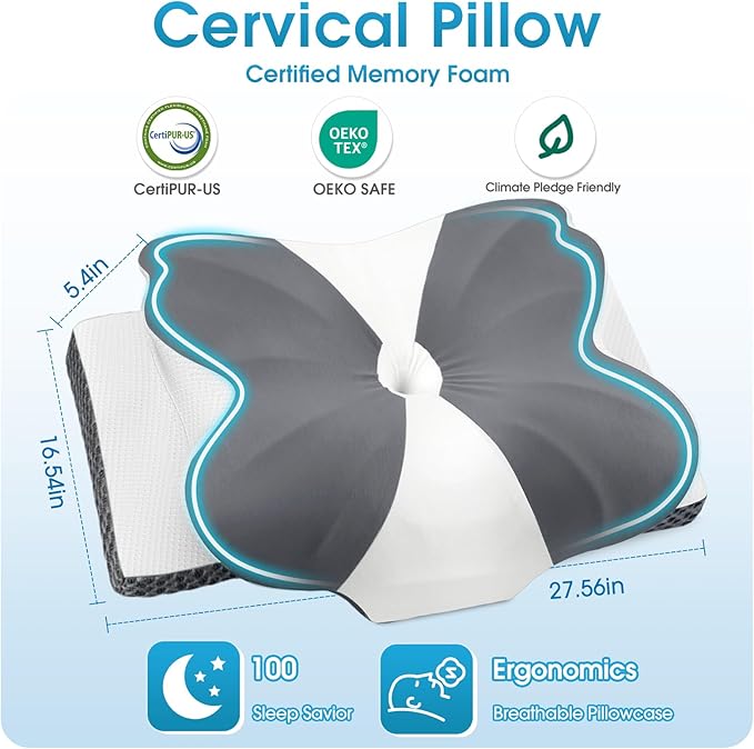 CloudBliss Cervical Memory Foam Pillow for Neck and Shoulder, Contour Neck Support Pillow with Cooling Case, Ergonomic Bed Pillow, Support for Side Back Stomach Sleepers (Grey, King Size)