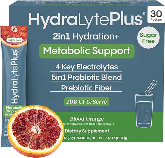 Hydralyte Metabolic Support - 5in1 Probiotic Blend - Support GLP-1 Production with Akkermansia Muciniphila + Prebiotic Fiber + Electrolytes - Daily Metabolism & Digestion - Sugar Free (30 Packets)