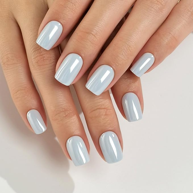 Chrome Press on Nails Square - Soft Gel Blue Press on Nails Short for Women Gift, Glossy & Natural Stick on Nails with Glue in 16 Sizes - 32 Reusable Fake Nails, Aurora Light Blue