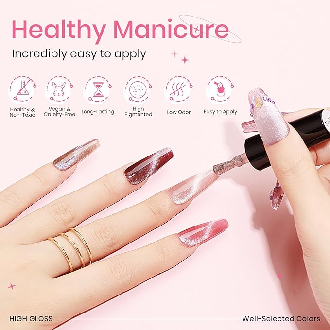Crystal Cat Eye Gel Nail Polish 12 Colors with Magnetic Stick, Cat Eye Magnetic Nail Polish, Gel Polish, Salon DIY Home Gift for Women